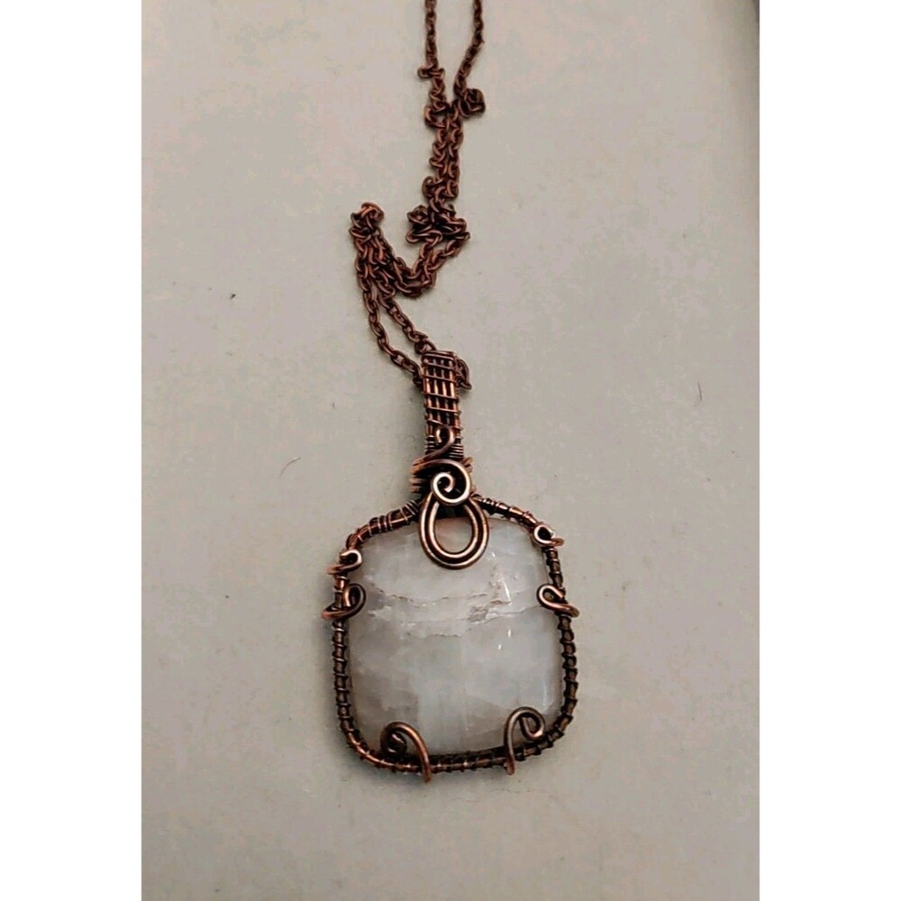 Copper Wrapped Blue Fire Moonstone Pendant On 16" Copper Chain